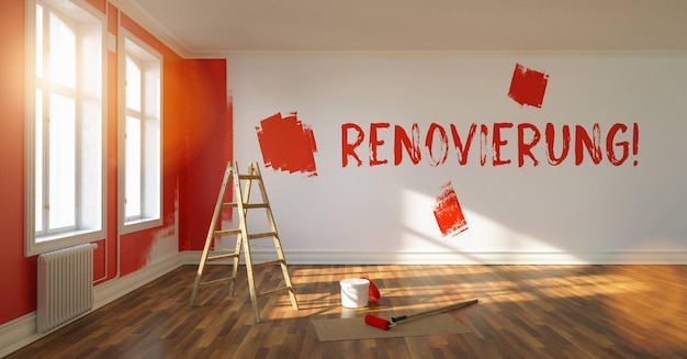 Renovierung (z niem. remont pokoju) napisany na ścianie świeżą farbą, Malowanie ściany na czerwono w pokoju mieszkania po przeniesieniu, z drabiną i wiadrem na farbę
