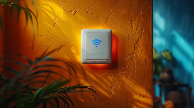 Repeater dla WLAN w gniazdzie elektrycznym na pomarańczowej ścianie Prosty sposób na rozszerzenie sieci bezprzewodowej