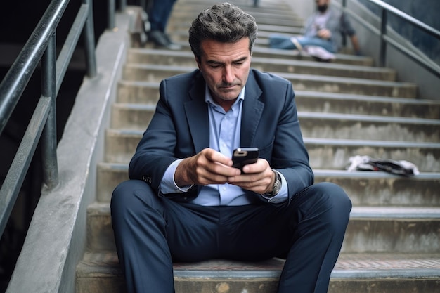 Reporter piszący na smartfonie podczas relacji siedzący na schodach i patrzący w inną stronę