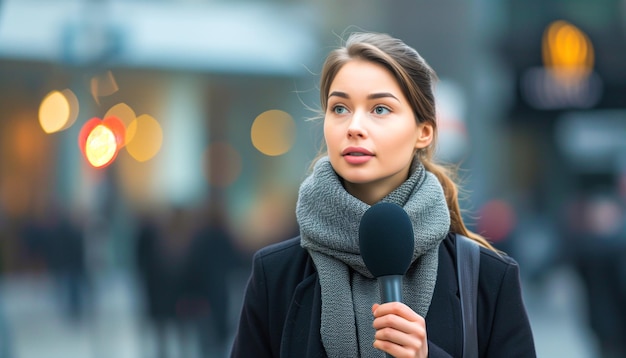 Reporter z mikrofonem Dziennikarstwo Reporter informujący o wydarzeniach