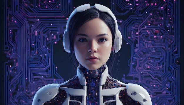 Reprezentacja kobiet w sztucznej inteligencji na futurystycznym tle wirtualnej przyszłości