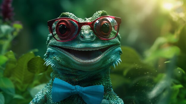 Zdjęcie reptyle dzikie zwierzęta iguana jaszczurka portret zbliżenie zielona skala okulary zwierzę generatywna sztuczna inteligencja