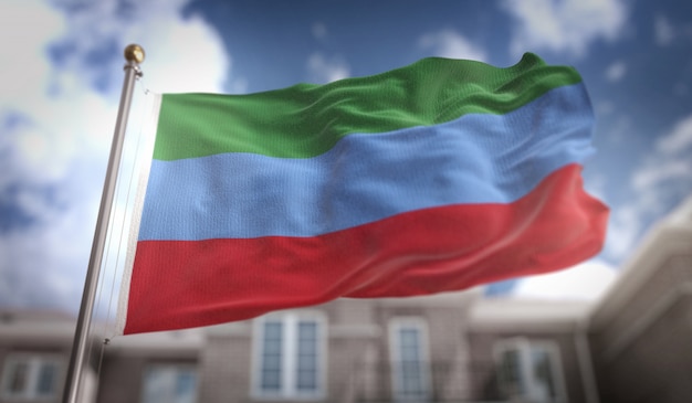 Republika Dagestan Flaga 3D Renderowanie na Błękitne Niebo Budynek Tła