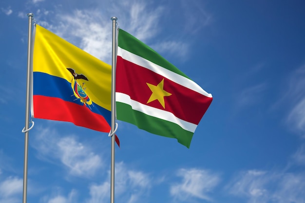 Republika Ekwadoru i Republika Surinamu flagi na tle błękitnego nieba ilustracja 3d
