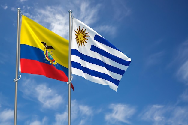 Republika Ekwadoru i Wschodnia Republika Urugwaju flagi na tle błękitnego nieba ilustracja 3d