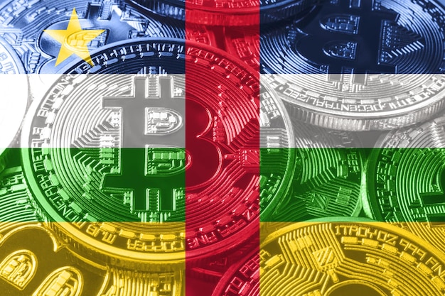 Republika Środkowoafrykańska flaga bitcoin, flaga narodowa koncepcja kryptowaluty czarne tło