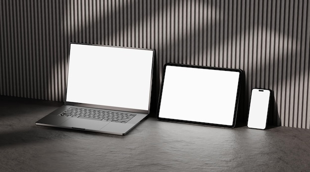 Responsywne projektowanie stron internetowych i strony internetowe Makiety urządzeń Makieta szablonu smartfona stacjonarnego tabletu laptopa Makieta Realistyczna ilustracja renderowania 3D