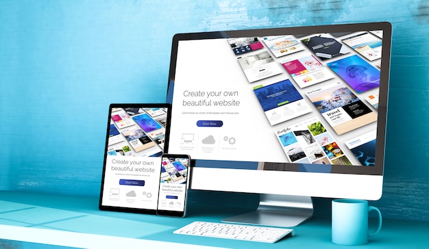 Responsywne urządzenia z narzędziem do budowania stron internetowych w blue studio