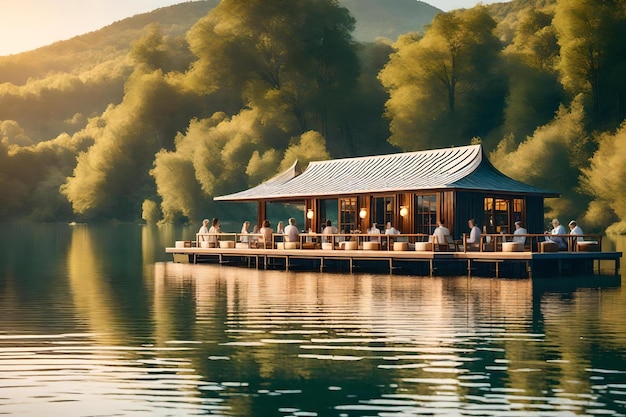Restauracja na wodzie z widokiem na jezioro i góry w tle.