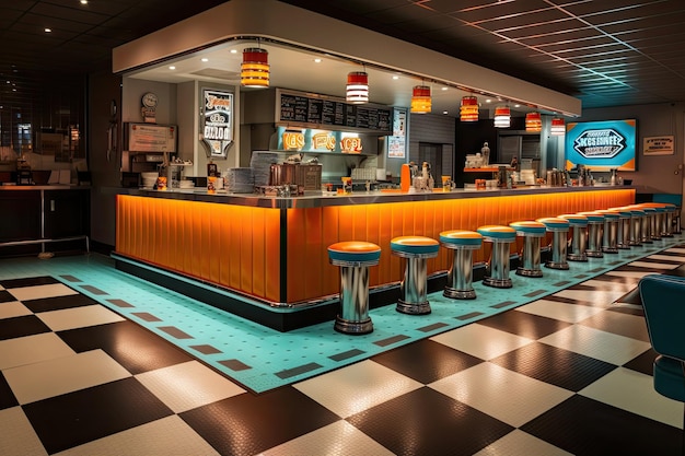 Restauracja typu fast food z neonowymi i retro oznakowaniami tworzącymi zabawną i przyjazną atmosferę
