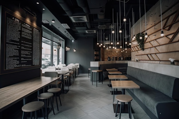 Restauracja typu fastfood z minimalistycznym wnętrzem, eleganckim i wyrafinowanym detalem
