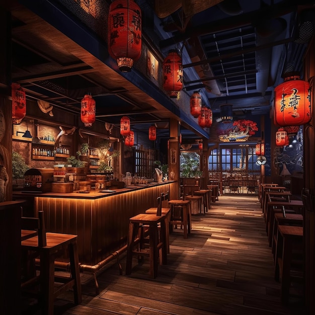 Restauracja z drewnianą podłogą i rzędem lampionów z chińskimi lampionami zwisającymi z sufitu.