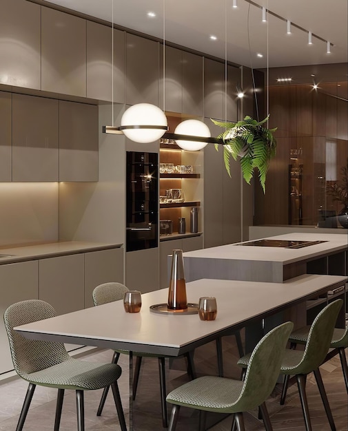 restauracja z dużym stołem, krzesłami i lampą