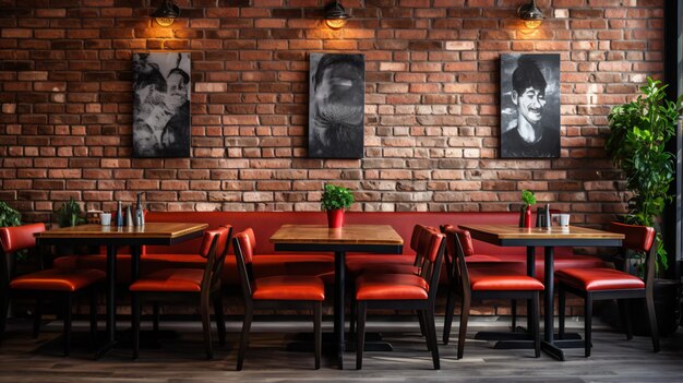 Restauracja z stołami, krzesłami i ceglaną ścianą