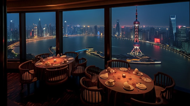Restauracja z widokiem na Szanghaj nocą