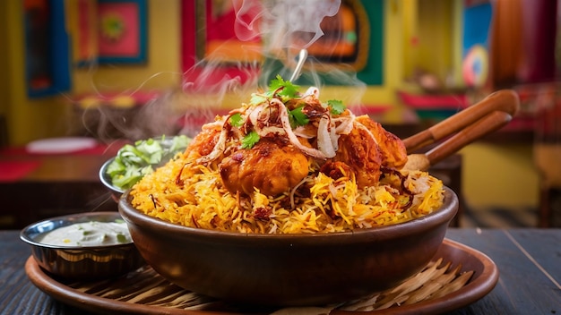 Restauracyjny styl pikantny kurczak biryani w drewnianej misce z raita i salan popularny indyjski lub pakistański