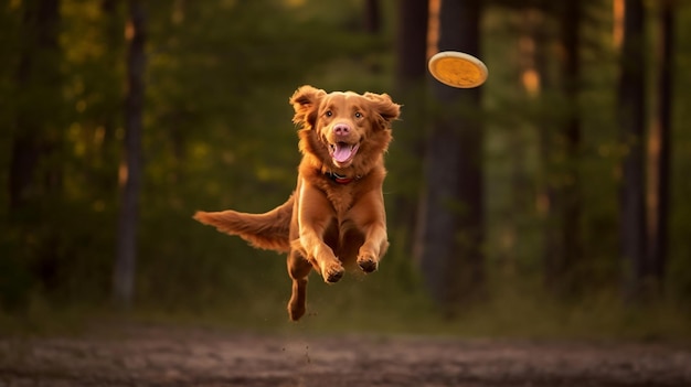 Retriever złapany w zabawnej pozycji podczas próby złapania latającego frisbee pokazując swoją determinację