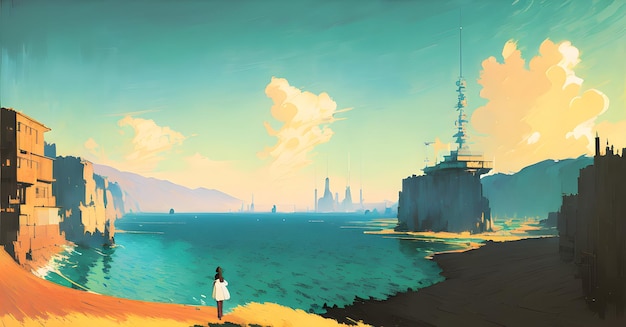 Retro Anime Krajobraz Malarstwo cyfrowe Wall art Generacyjna sztuczna inteligencja