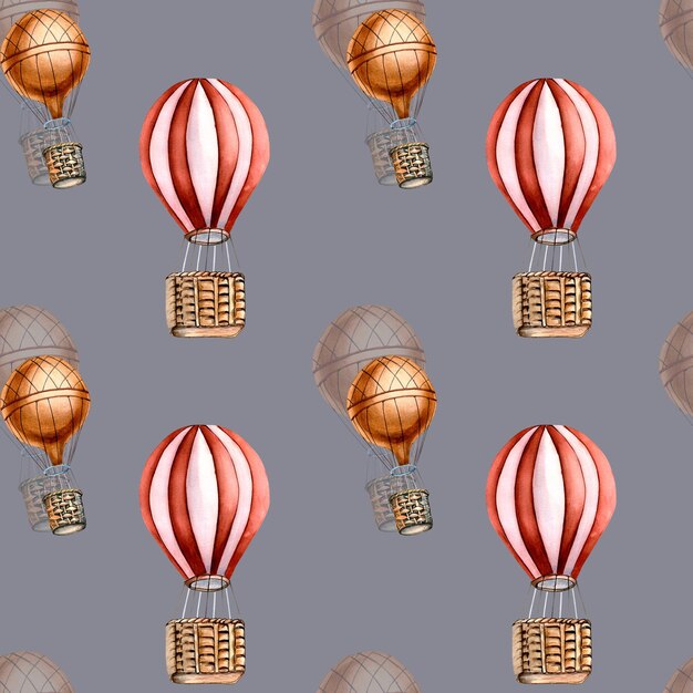 Zdjęcie retro balon na gorące powietrze w stylu vintage akwarela bezszwowe wzór na białym tle