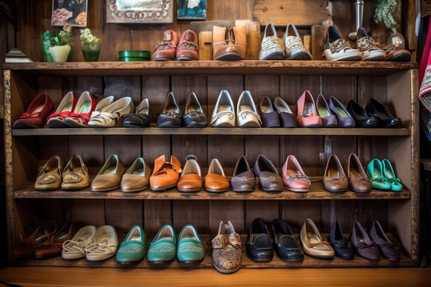 Retro buty porządnie wystawione na drewnianych półkach stworzonych za pomocą generatywnej AI