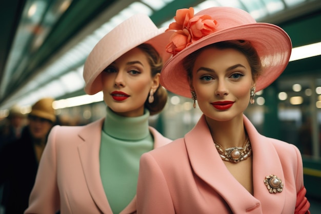 Retro chic kobiety w kapeluszach obejmujące modę lat sześćdziesiątych prezentujące kultowy styl i elegancję vintage nostalgiczna podróż do błyskotliwej epoki klasycznych nakryć głowy i ponadczasowych trendów