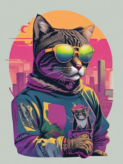 Zdjęcie retro cyberpunk feline t-shirt grafika