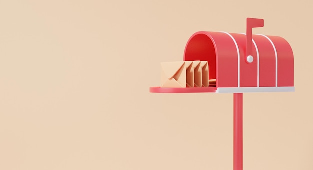 Retro czerwona skrzynka pocztowa z kopertą na kremowym brązowym tle minimalistyczny styl kreskówki poczta baner strona internetowa kopia przestrzeń Realistyczna ilustracja renderowania 3D