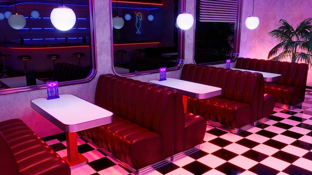 Zdjęcie retro diner wnętrze z kafelkową podłogą neonową iluminacją rocznika automat arkadowy i stołki barowe ilustracja 3d