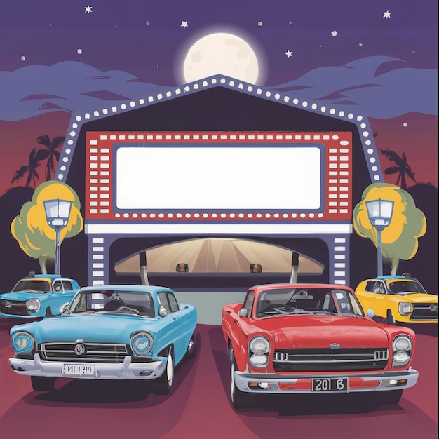 Retro drivein kino z vintage samochodami