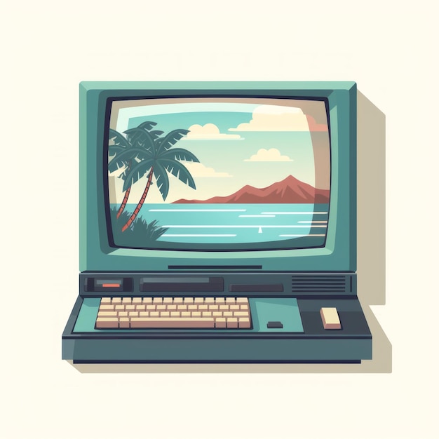 Retro Ekran Komputera Na Plaży Enigmatycznych Tropics I Vintage Retro Kolory