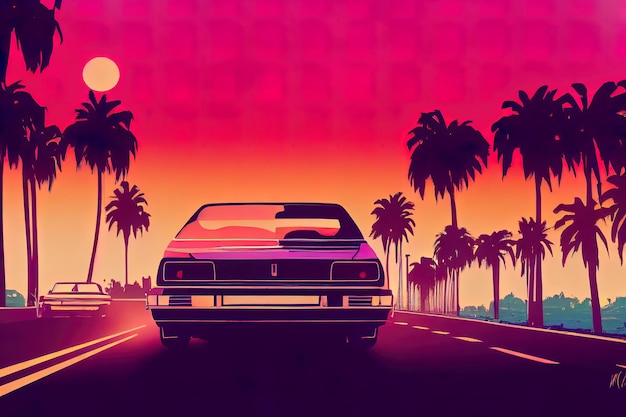 Zdjęcie retro fala samochodu w stylu synthwave w stylu lat 80