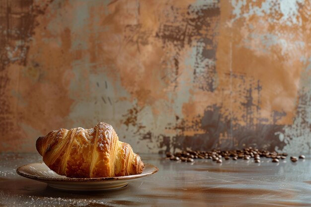 Retro filiżanka kawy z croissantem na vintage tle