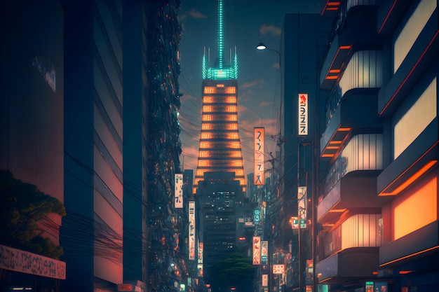 Retro futurystyczne Tokio nocą ręcznie rysowane ilustracja