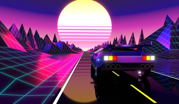 Retro futurystyczny samochód na drodze ze słońcem i górami w tle