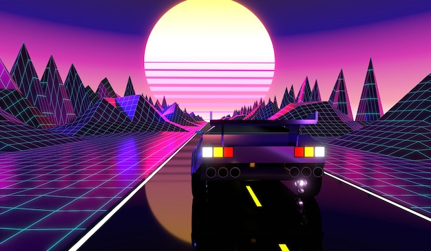 Retro futurystyczny samochód na drodze ze słońcem i górami w tle
