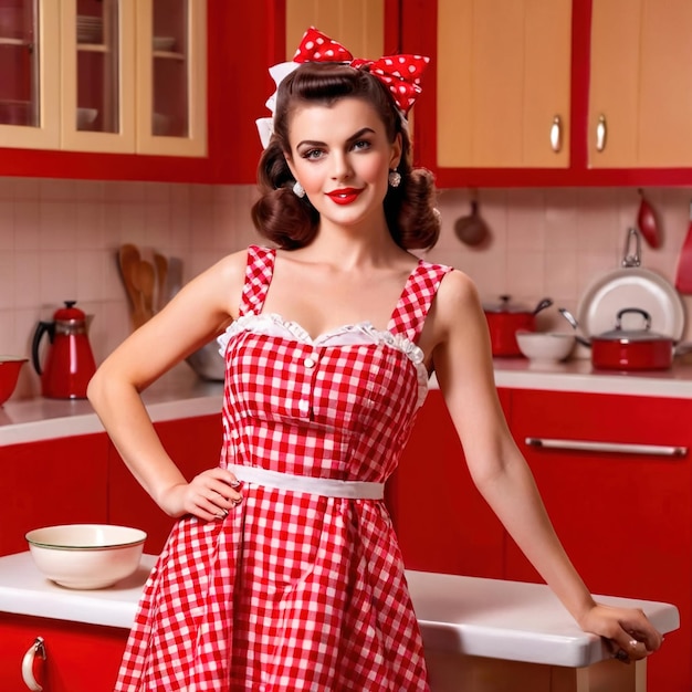 Zdjęcie retro gospodyni domowa w czerwono-białej sukience karetkowej w kuchni vintage