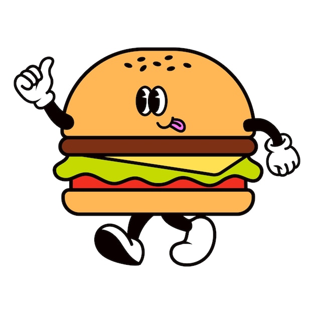 Retro hamburger png ilustracja kreskówki przezroczysty tło