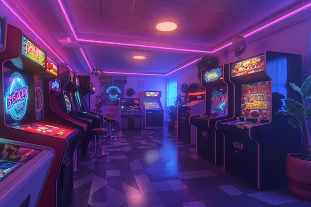 Retro-inspirowany neonowo oświetlony pokój gier z arcade ma