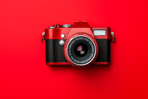 Retro kamera izolowana na czerwonym tle Płaski widok z góry