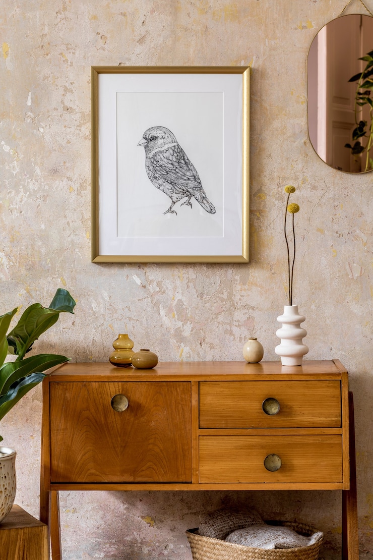Zdjęcie retro kompozycja wnętrza salonu z drewnianą komodą vintage, złotym różowym lustrem, makietą ramy plakatu, rośliną, dekoracją i eleganckimi akcesoriami osobistymi w wystroju domu wabi sabi.