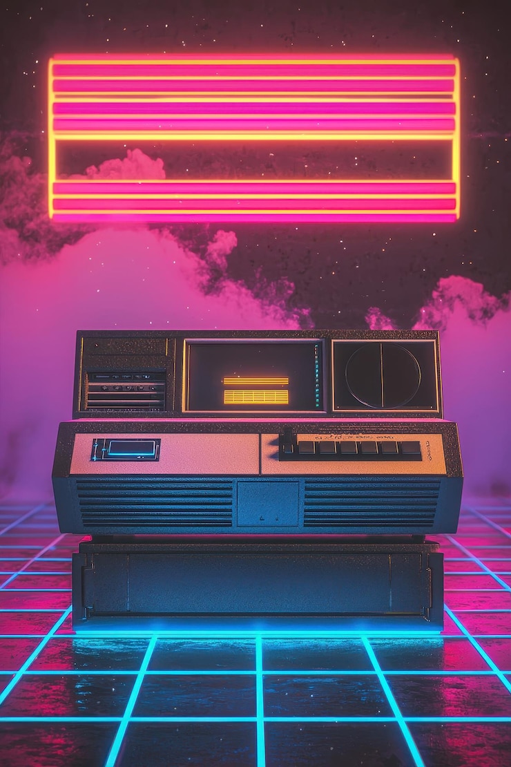 Zdjęcie retro komputer z neonowymi światłami i podłogą siatkową