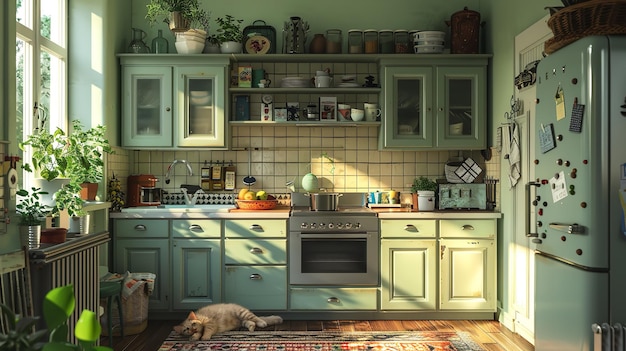 retro kuchnia w domku z śpiącym kotem 3D RENDERING