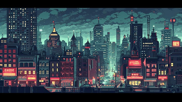 Retro pixel art cityscape z drapaczami chmur Pixel art retro cityscope drapacze chmur budynki miejska nostalgia vintage generowana przez AI