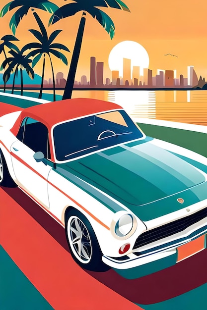 Retro plakat samochodu sportowego na plaży w Miami