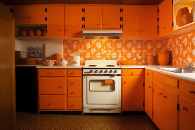 Retro pomarańczowy zestaw kuchenny do jadalni Generuj sztuczną inteligencję