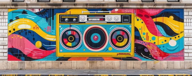 Retro pop art boombox mural pompuje kolorowe fale muzyczne ożywiające stary budynek