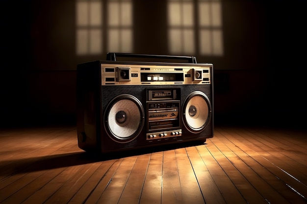 Retro przestarzały przenośny stereofoniczny odbiornik radiowy typu boombox z magnetofonem z późnych lat 70. Wygenerowana sztuczna inteligencja sieci neuronowej