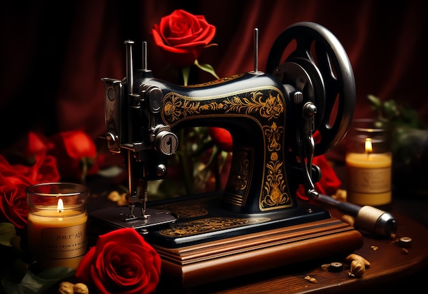 Retro ręczna maszyna do szycia Antique czarny i złoty z wzorem na nim martwa natura
