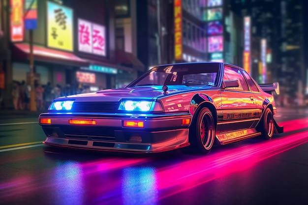 Retro Revival Klasyczny samochód na Tokyo Street obejmujący estetykę retrowave Generowany przez AI