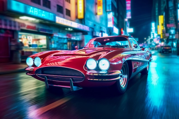 Retro Revival Klasyczny samochód na Tokyo Street obejmujący estetykę retrowave Generowany przez AI